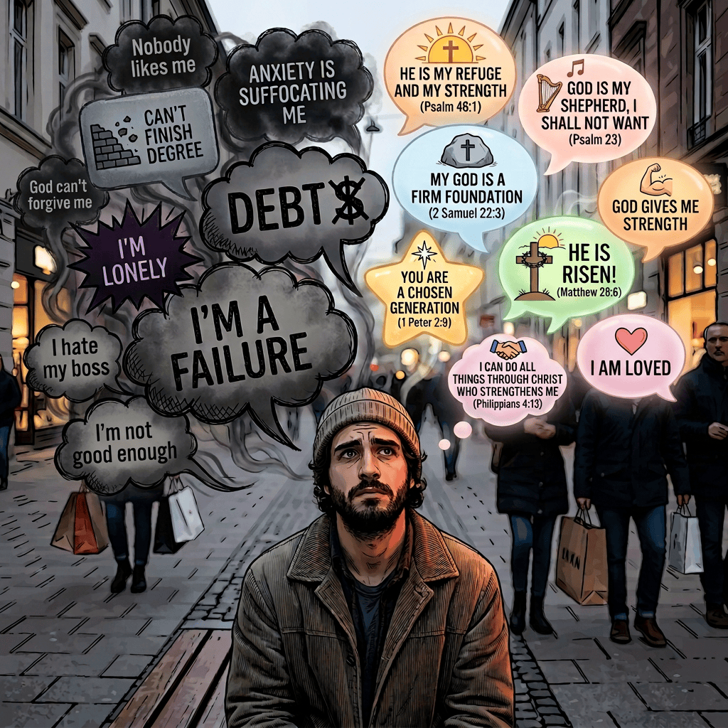 Person surrounded by thought bubbles reading CAN'T FINISH DEGREE, ANXIETY IS SUFFOCATING ME, DEBT, I'M A FAILURE, I'M LONELY, THE SUN WILL RISE AGAIN, MY MUSIC BRINGS ME JOY, MY FAMILY LOVES ME, THERE IS HOPE, I AM KIND, and TICK WY MEDEMING.